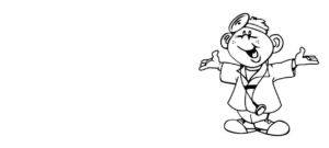 A black and white drawing of a person with a monkey head